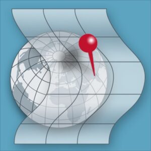 Icon der GeoPosition App mit Globus, Koordinatengitter und rotem Standort-Pin