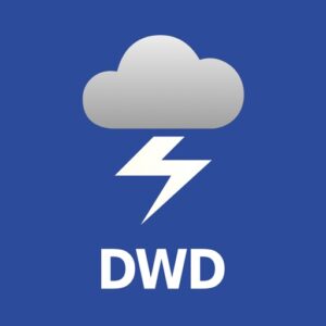 App-Icon der WarnWetter App DWD mit Wolken- und Blitz-Symbol auf blauem Grund